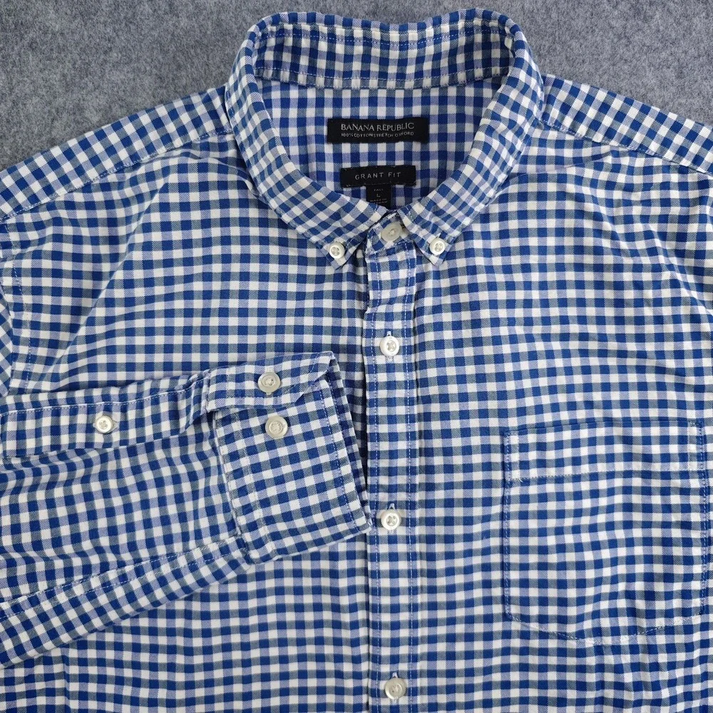 Banana Republic Shirt Mens Large Tall LT Blue White Gingham Oxford Button Down